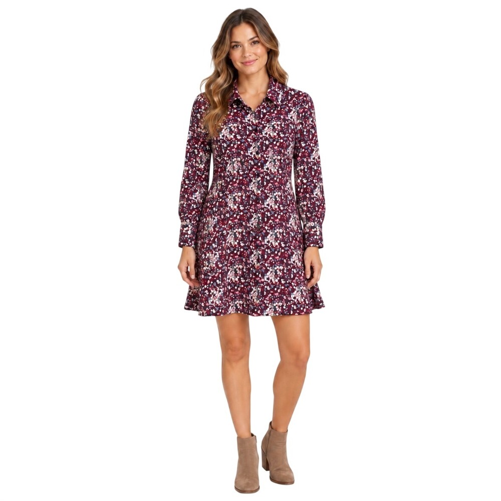 Natural Life Floral Button Down Shirt Dress Small Maroon Long Sleeve Casual